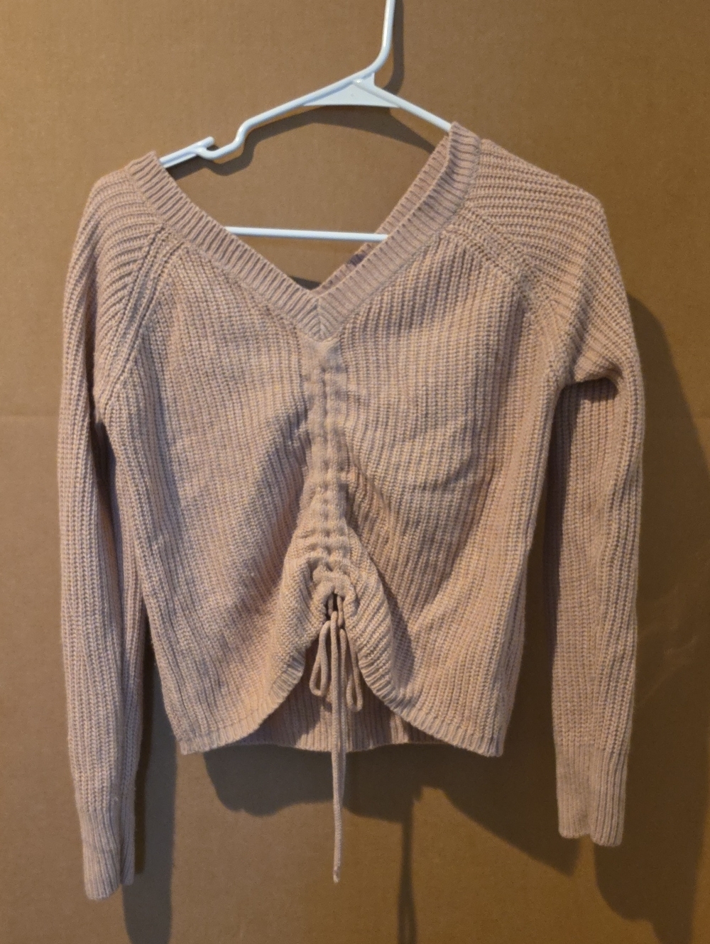 Ruched V-Neck Knit Sweater in Blush Pink